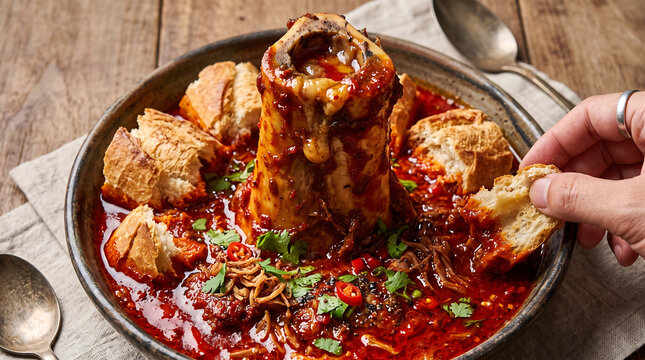 Rich Spicy Sup Tulang Merah Mutton Bone Marrow Soup with Sliced Baguette Bread Dipping Action Close Up Food Photography