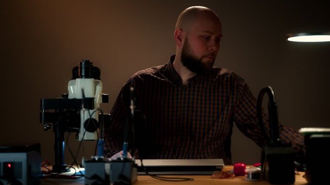 Repair technician inspecting laptop at electronics workbench