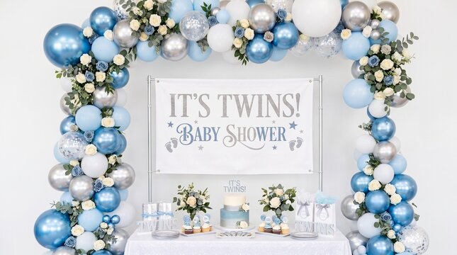 It's Twins baby shower decoration with blue silver balloon arch and sign