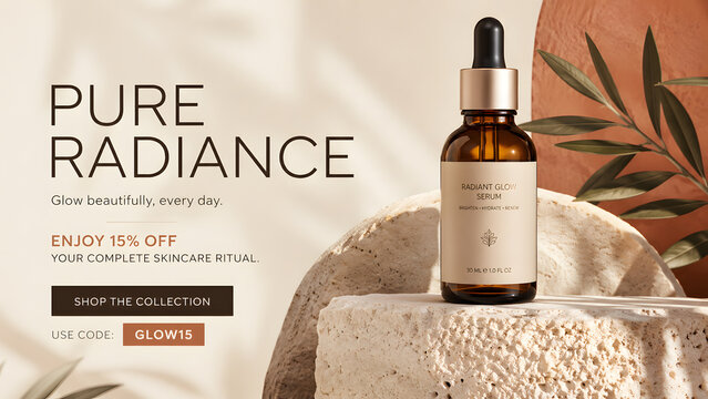 Elegant Amber Serum Skincare Website Banner for Luxury Beauty Promotion