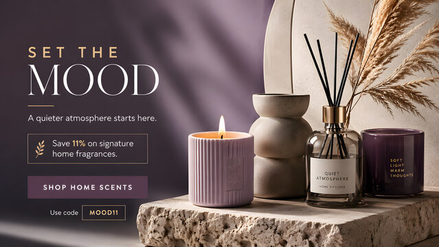 Premium Home Fragrance Website Banner Featuring Designer Candles and Elegant Interior Styling