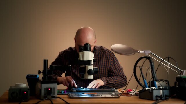 Laptop repair technician inspecting electronics under a stereo microscope
