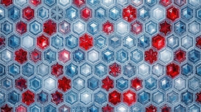 Symmetrical hexagonal grid featuring red gemstones and blue crystal snowflakes in a festive winter pattern