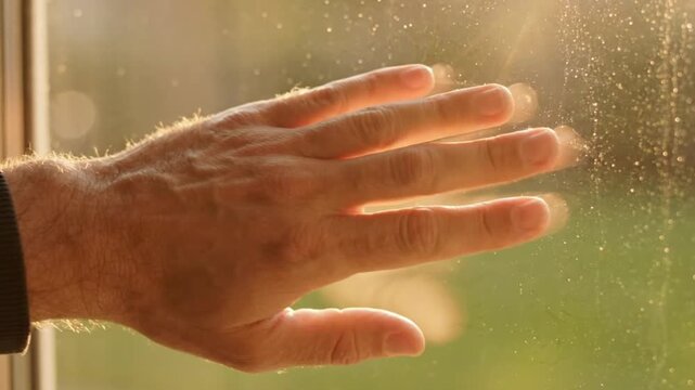 Close up of a hand gently touching and sliding across a glass window