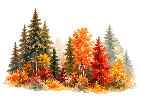 Series of autumn forest trees scenery element in watercolor mix pencil illustration style