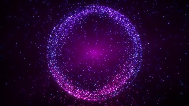 Abstract glowing particle sphere formed by purple and pink light points suspended in cosmic space, creating a futuristic digital globe with depth, energy, connectivity