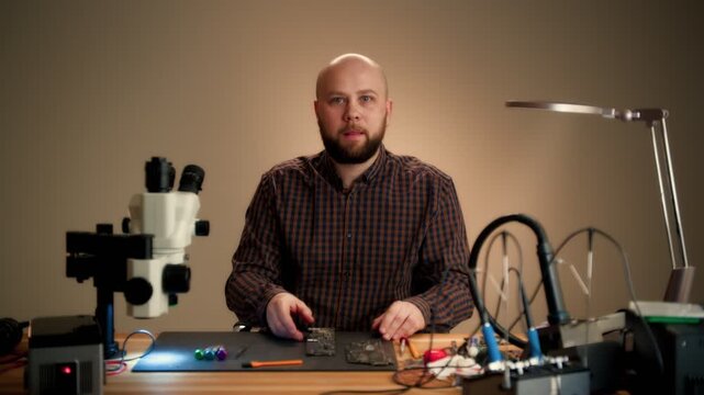 Electronics Technician Repairing Circuit Boards at Workbench