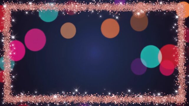 ローズゴールドのグリッターが四辺で瞬くネイビー背景の装飾フレームと多色の玉ボケ