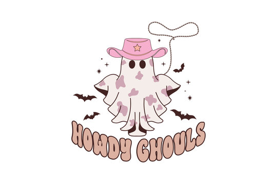 Howdy ghouls retro cowgirl ghost lasso pastel western halloween graphic Sublimation Design