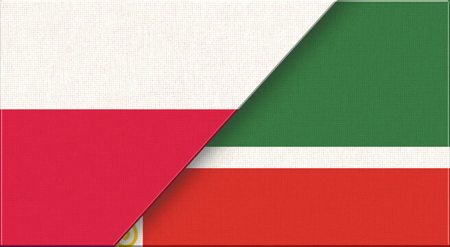 Double flag of Poland and Chechnya on fabric texture - 3D illustration.