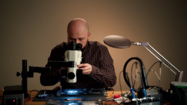 Electronics repair technician inspecting circuit board under microscope