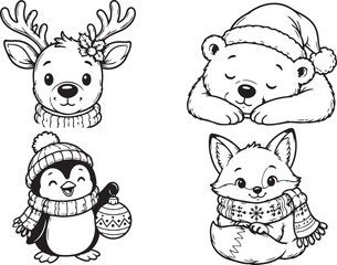 Fototapeta premium Cute Winter Animal Icon Set Line Art Deer Bear Penguin Fox Vector Illustration Black and White