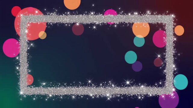 パールグレーのグリッターが四辺で瞬くネイビー背景の装飾フレームと多色の玉ボケ