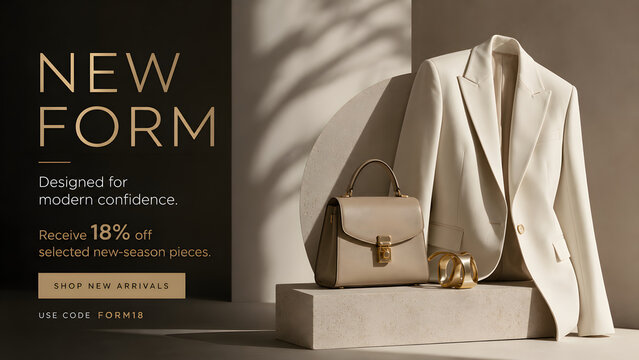 Designer Fashion Website Banner with Tailored Blazer and Luxury New Season Collection Promotion