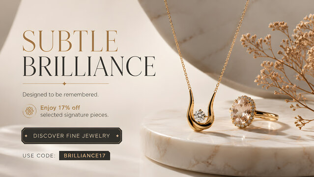 Luxury Jewelry Website Banner Featuring Elegant Gold Accessories and Premium Signature Collection