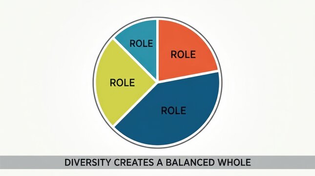 Minimal layout of a circle cut into four unequal parts representing roles, diversity creates a balanced whole in widescreen.