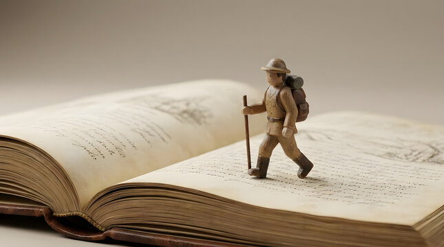 Miniature figure hiking across open vintage book pages.