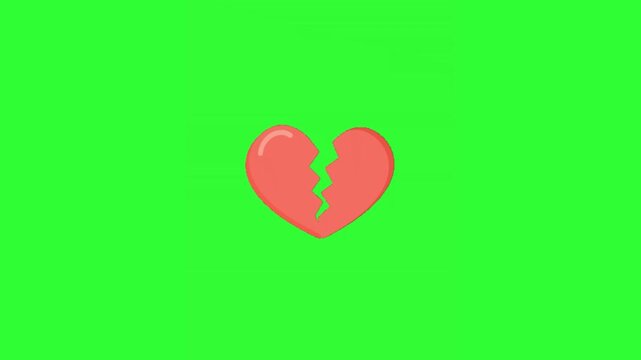 Animated broken heart symbol splitting apart on a green screen background, representing heartbreak, breakup, sadness, lost love, emotional pain, relationship problems, romantic disappointment, and dra