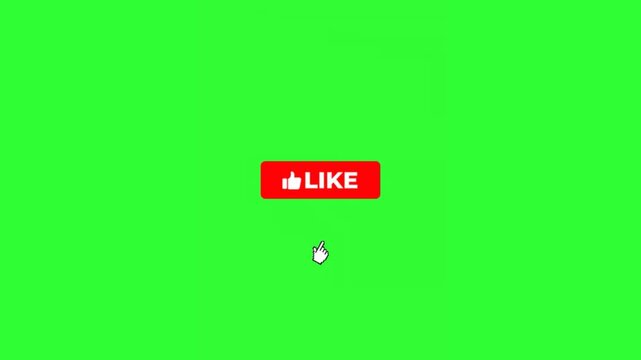 Animated LIKE button with a hand cursor clicking the thumbs up symbol on a green screen background, ideal for social media engagement, audience interaction, content creator videos, digital marketing c