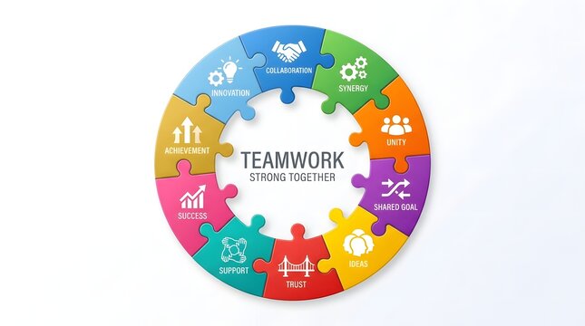 Circular jigsaw puzzle diagram with ten colorful interlocking pieces, business concept and central teamwork text on white background