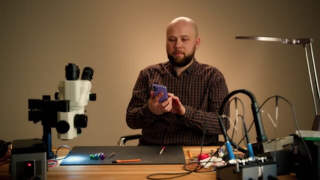 Electronics technician repairing circuit board at workbench