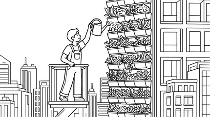 Obraz premium Urban Gardener Watering Vertical Garden on Building