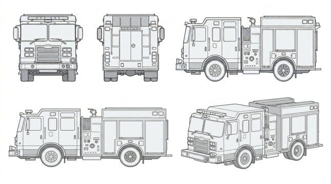 Detailed Orthographic Projection Views of a Modern Emergency Response Fire Engine Rescue Vehicle