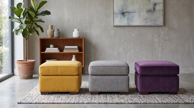 Three square upholstered ottomans in yellow grey and purple in modern living room