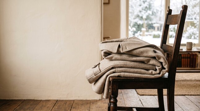 Folded beige winter coat on a rustic wooden chair in a cozy home interior