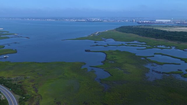 Aerial of Scenic and Beautiful Inlet waterway between Atlantic Beach, NC and Morehead City, NC