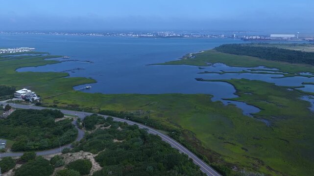 Aerial of Scenic and Beautiful Inlet waterway between Atlantic Beach, NC and Morehead City, NC