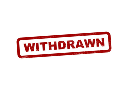 Red withdrawn stamp style badge with bold white text isolated on transparent background