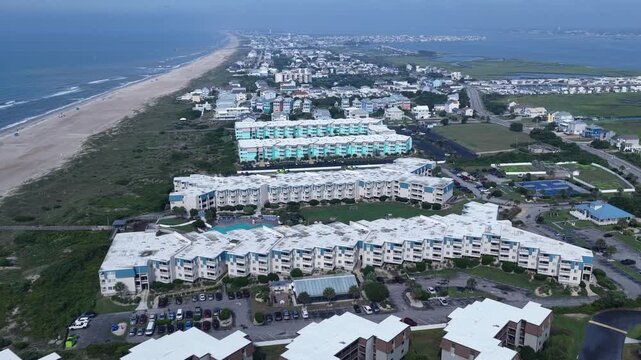 Atlantic Beach, NC beachfront hotels, resorts and rentals on Crystal coastline Scenic Aerial view on summer morning