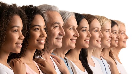 Obraz premium Side profile portraits of diverse multiethnic group of people smiling on white background