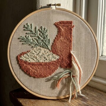 Crossstitch hoop with handmade embroidery and rustic still life