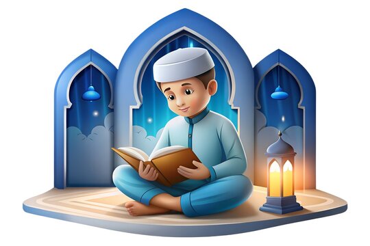 Boy reading book in mosque with lantern light