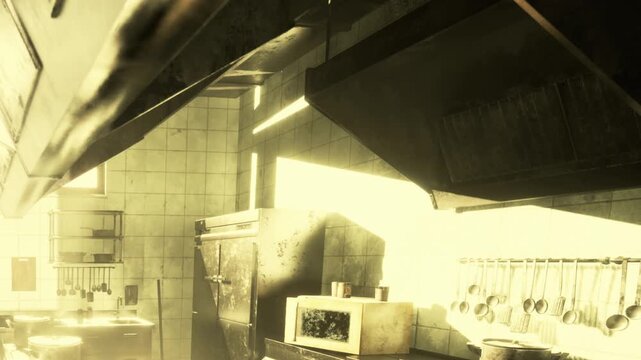 The kitchen is filled with bright light coming from a window. Several pots, pans, and utensils are hanging neatly on the wall. The space appears to be organized with modern equipment.