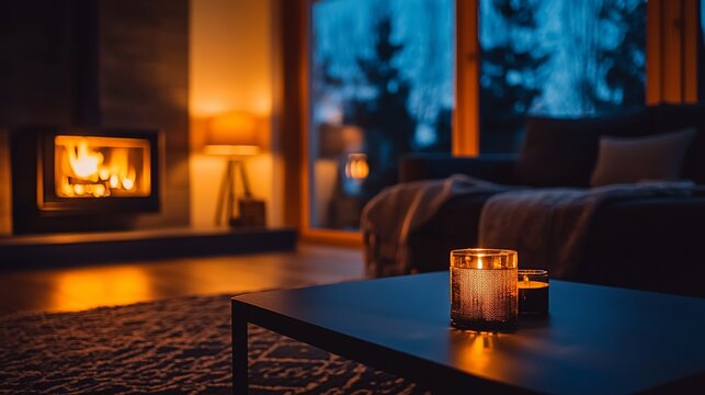 Cozy living room with fireplace, candles, and sofa at night.