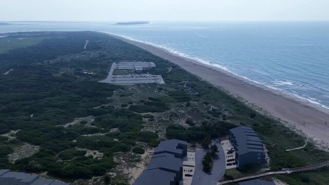 Atlantic Beach, NC scenic aerial view of Fort Macon State Park on Crystal coast with beach and nature preserve