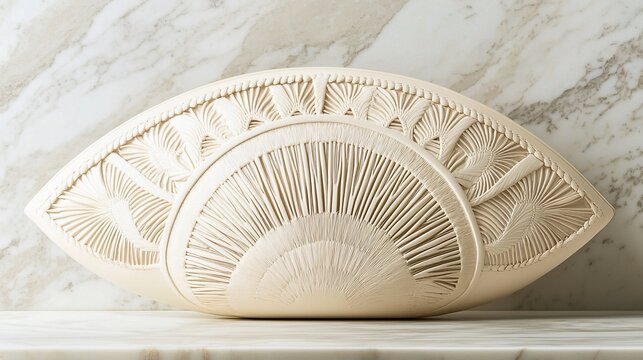Carved cream-colored sculpture resembling an eye, detailed radial pattern.