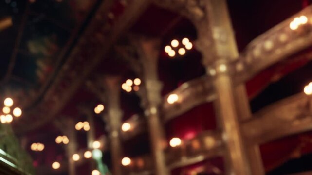 A view of a theater during a performance. The ornate details of the seating and the warm lighting create a buzzing atmosphere as people enjoy the show.
