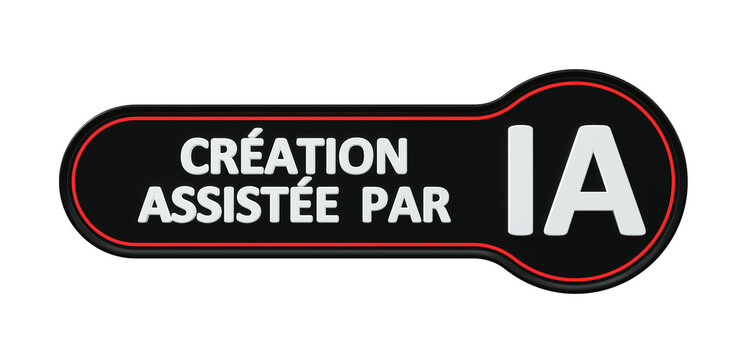 Badge de labellisation de contenu IA "Cr&eacute;ation assist&eacute;e par IA" sur fond noir et liser&eacute; rouge - ic&ocirc;ne rendu 3D sur fond transparent