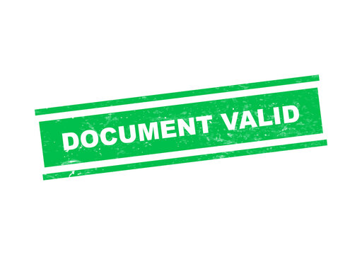Green document valid stamp with red border and white text isolated on transparent background