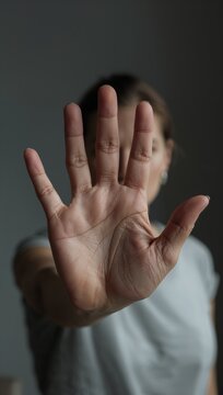Frightened woman showing open palm stop gesture to defend herself from domestic violence and abuse.