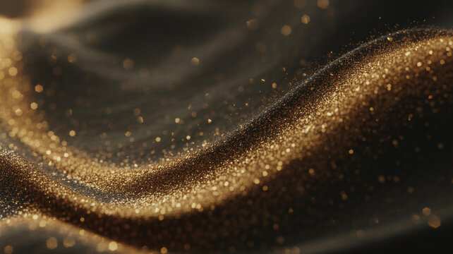 Golden glitter dust flowing over elegant dark fabric folds and waves with silk folds sparkling dust luxury background golden wave velvet texture shining gold