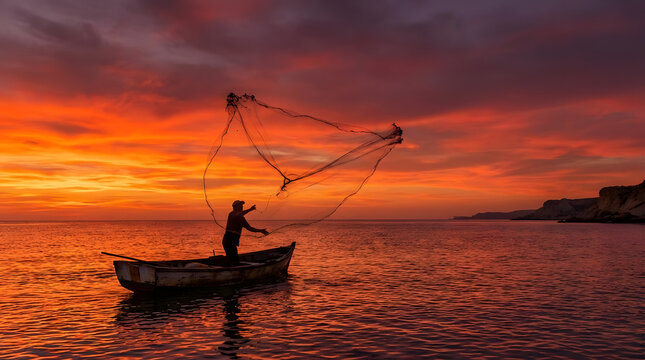 Fisherman throwing cast net from boat at sunset.