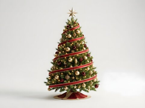 A beautifully decorated Christmas tree featuring elegant gold and red ornaments, a spiraling red ribbon, warm fairy lights, and a radiant star topper on white.