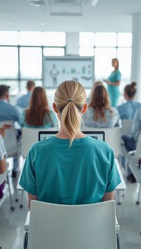 Nursing students attending a healthcare training class with an instructor presenting at the front of a classroom.