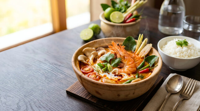 Delicious hot and sour prawn soup in a rustic bowl. Vibrant Asian culinary background featuring fresh chili, lemongrass, and a bowl of rice. Warm and appetizing meal ready to eat.