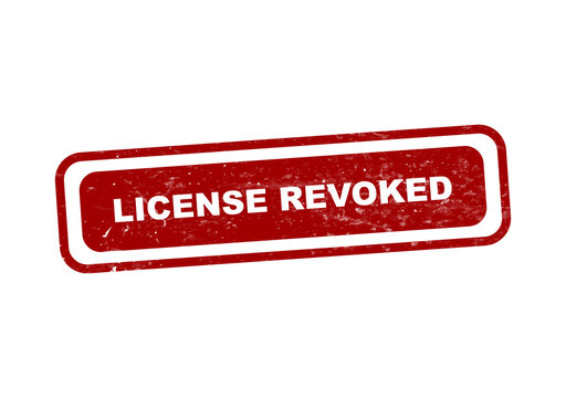 Red license revoked warning sticker with bold text isolated on transparent background